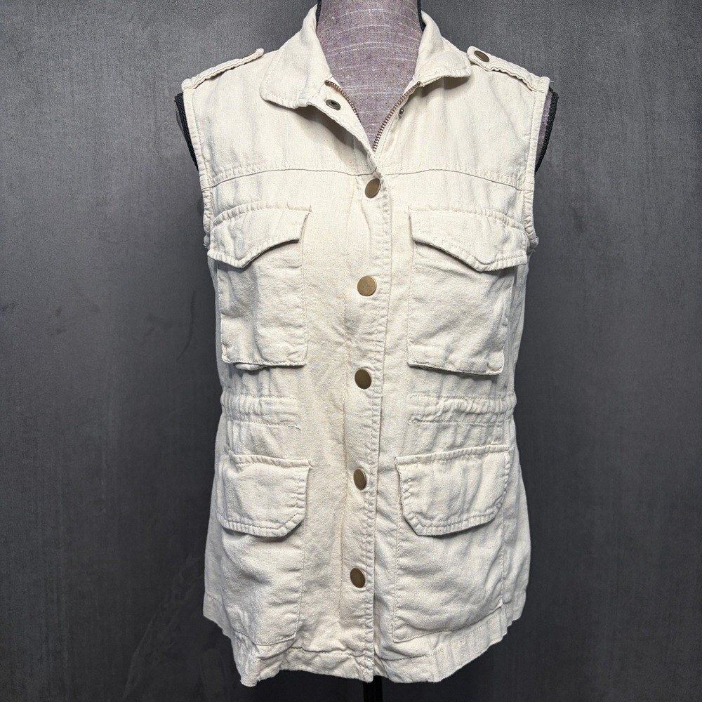 New York & Company Utility Vest Womens S Beige Linen Blend Safari Military Y2K